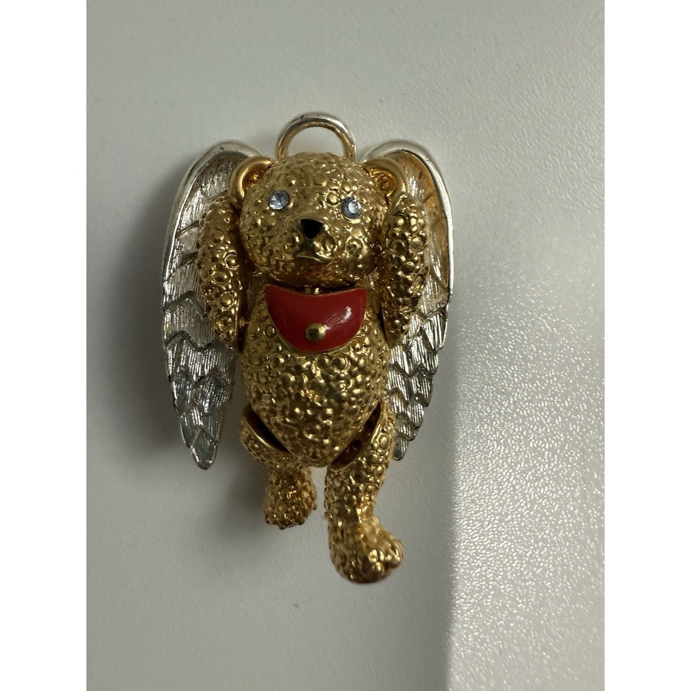 Vintage Batya Bear Brooch Pendant Heart‎ Angel Gold Tone Articulated